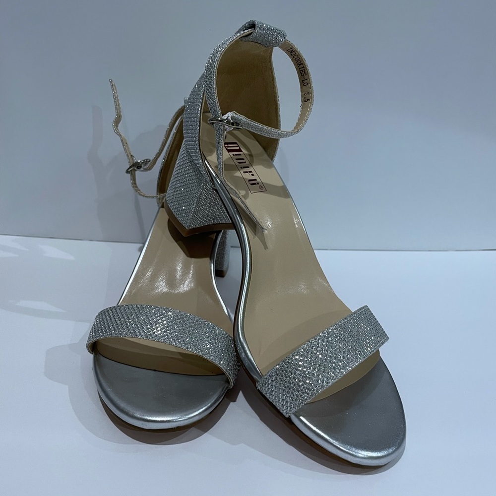 Silver Idifu low block heels. Size 5.5